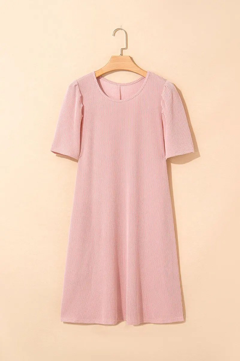 Sweaters Love Salve Pink Corded Knit Dress Women's Daily Mini Dress Puff Sleeve Casual