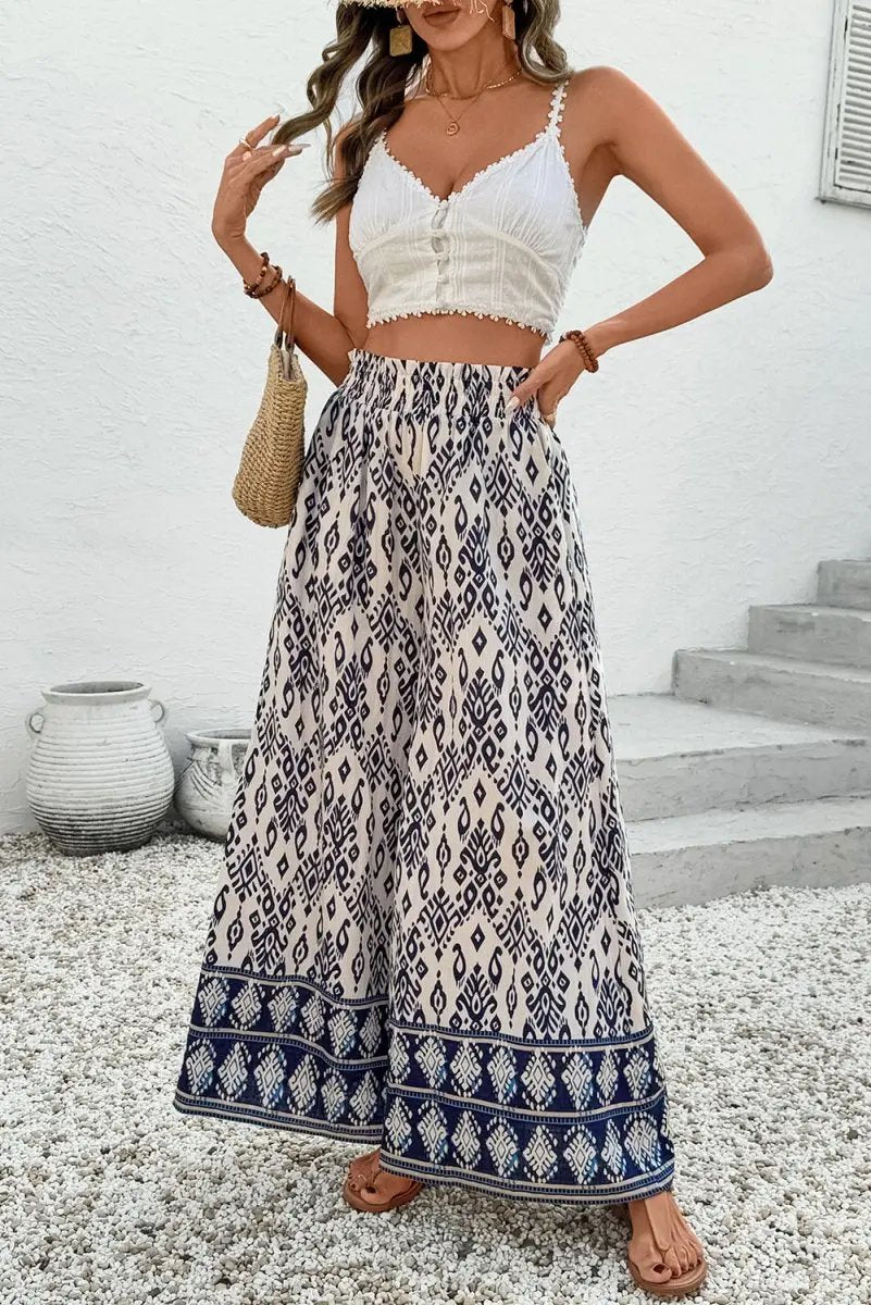 Love Salve Blue Boho Pants Women's Vacation Wide Leg Trousers - Comfy & Stylish