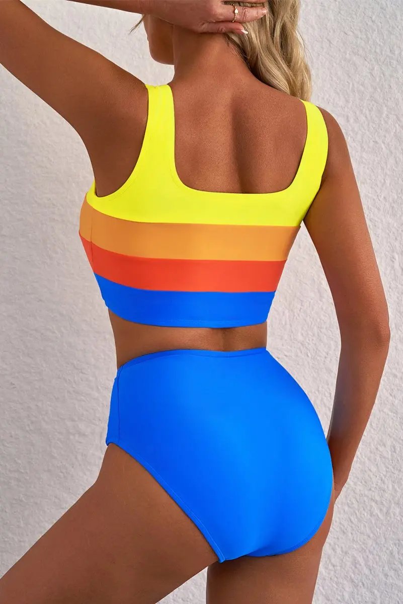 Love Salve Blue Colorblock High-Waisted Bikini — Flattering Vacation Swimsuit