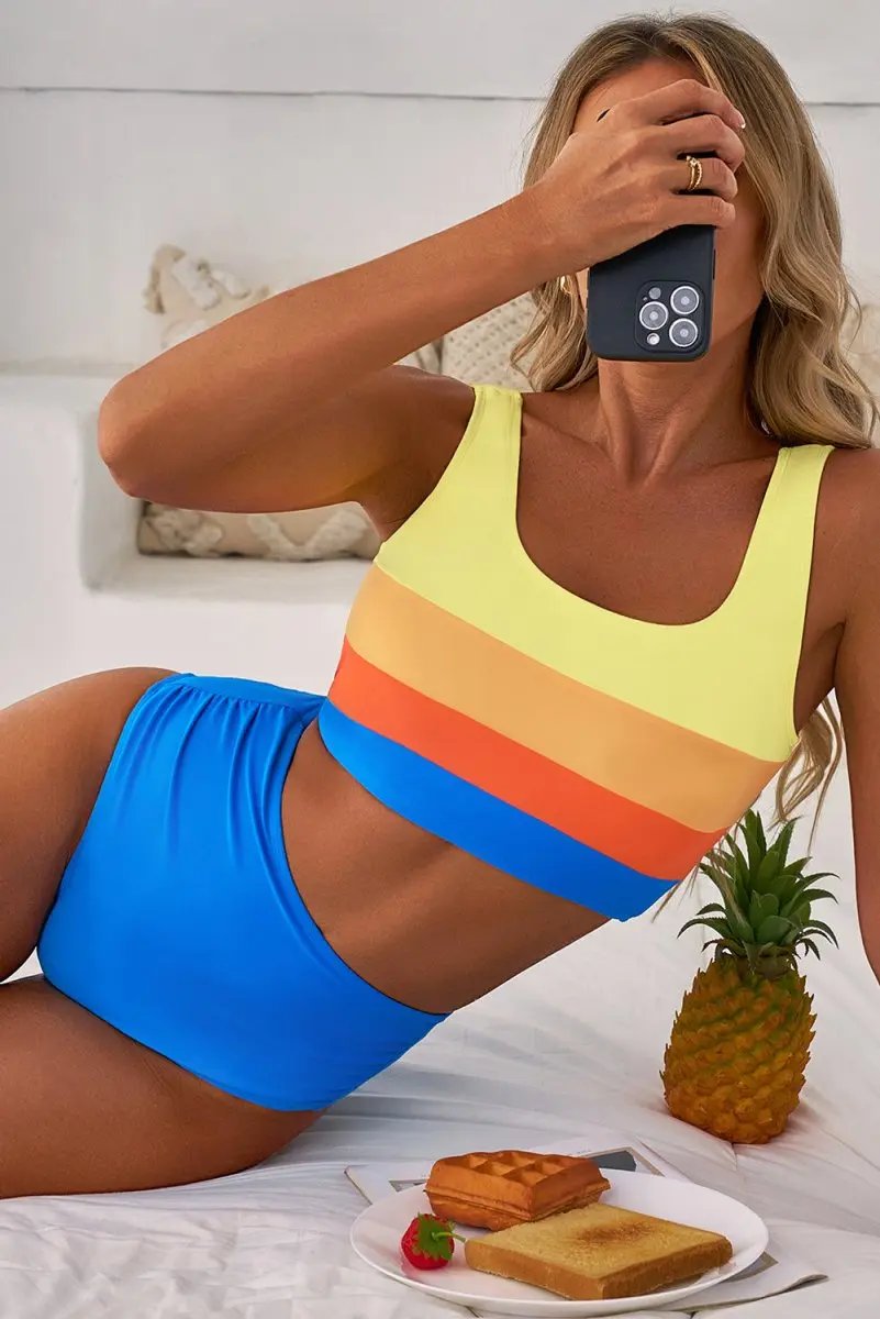 Love Salve Blue Colorblock High-Waisted Bikini — Flattering Vacation Swimsuit