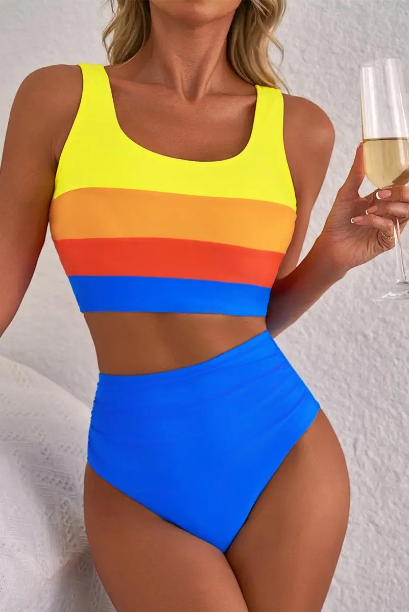 Love Salve Blue Colorblock High-Waisted Bikini — Flattering Vacation Swimsuit