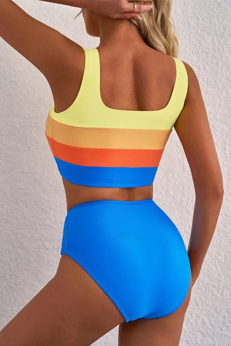 Love Salve Blue Colorblock High-Waisted Bikini — Flattering Vacation Swimsuit