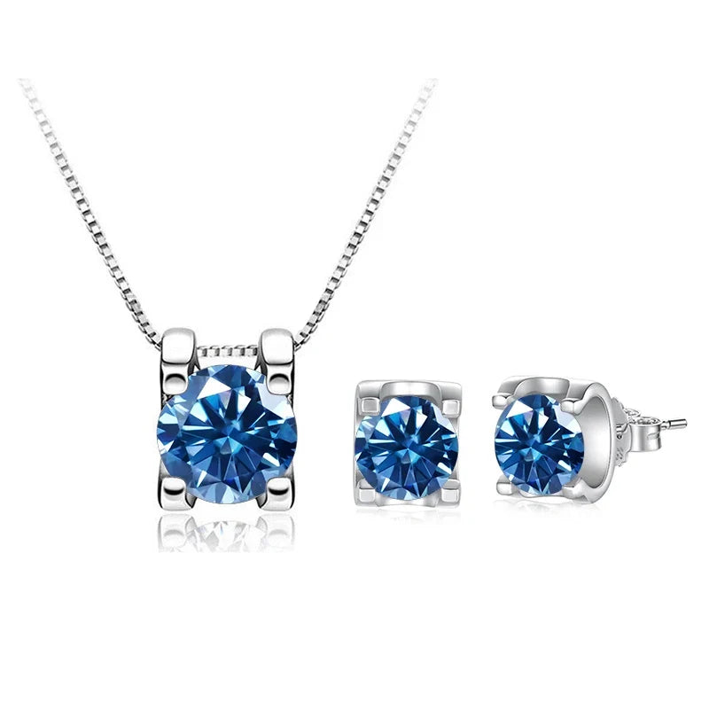 Colored Moissanite Necklace & Stud Earring Set in Silver