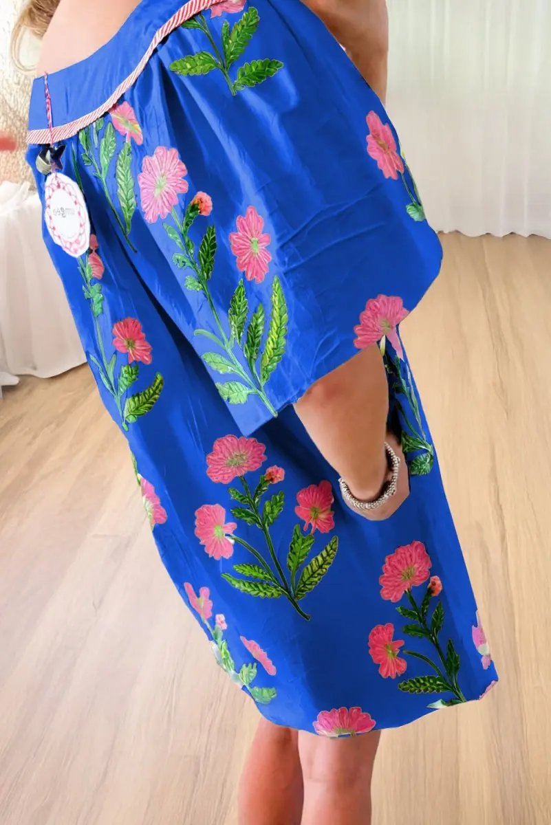 Mini Dress - Blue Floral Short Sleeve - Southern Belle Style