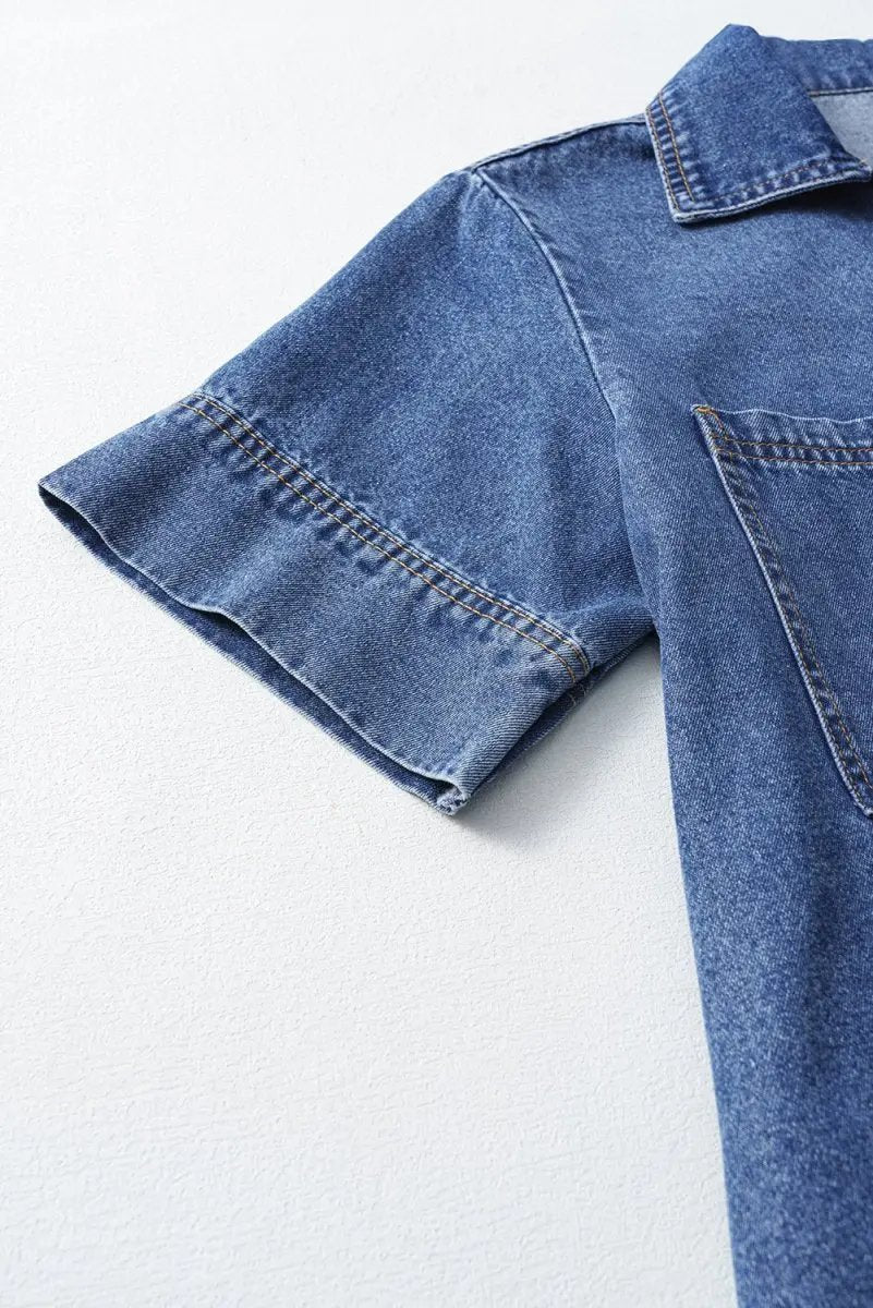 Love Salve Denim Mini Dress With Collared Short Sleeves — Casual Everyday Wear