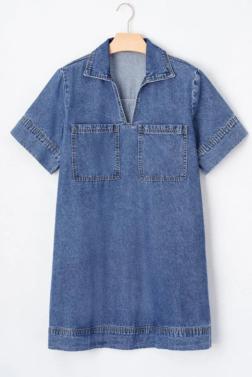 Love Salve Denim Mini Dress With Collared Short Sleeves — Casual Everyday Wear