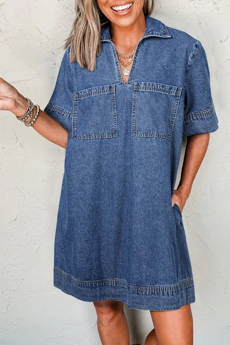 Love Salve Denim Mini Dress With Collared Short Sleeves — Casual Everyday Wear