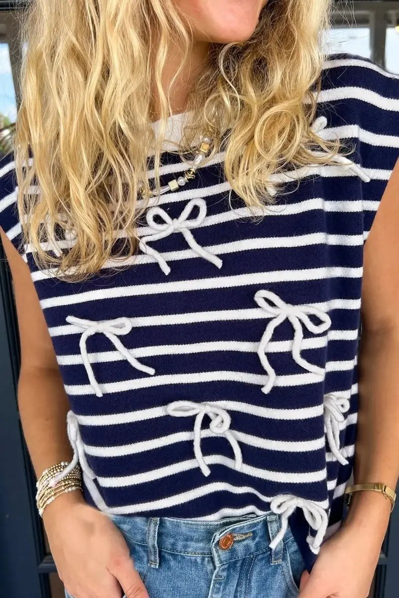 Sweaters Love Salve Blue Stripe Knit Women's Sweater Vest Daily Wear Southern Belle Style Sleeveless Top