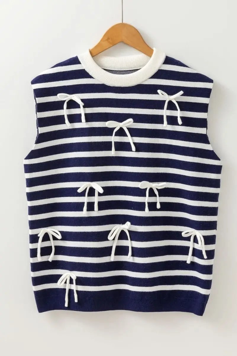 Sweaters Love Salve Blue Stripe Knit Women's Sweater Vest Daily Wear Southern Belle Style Sleeveless Top