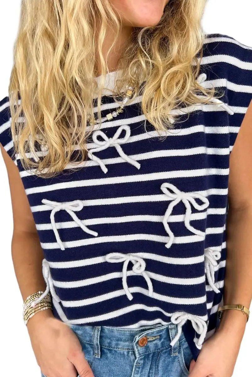Sweaters Love Salve Blue Stripe Knit Women's Sweater Vest Daily Wear Southern Belle Style Sleeveless Top