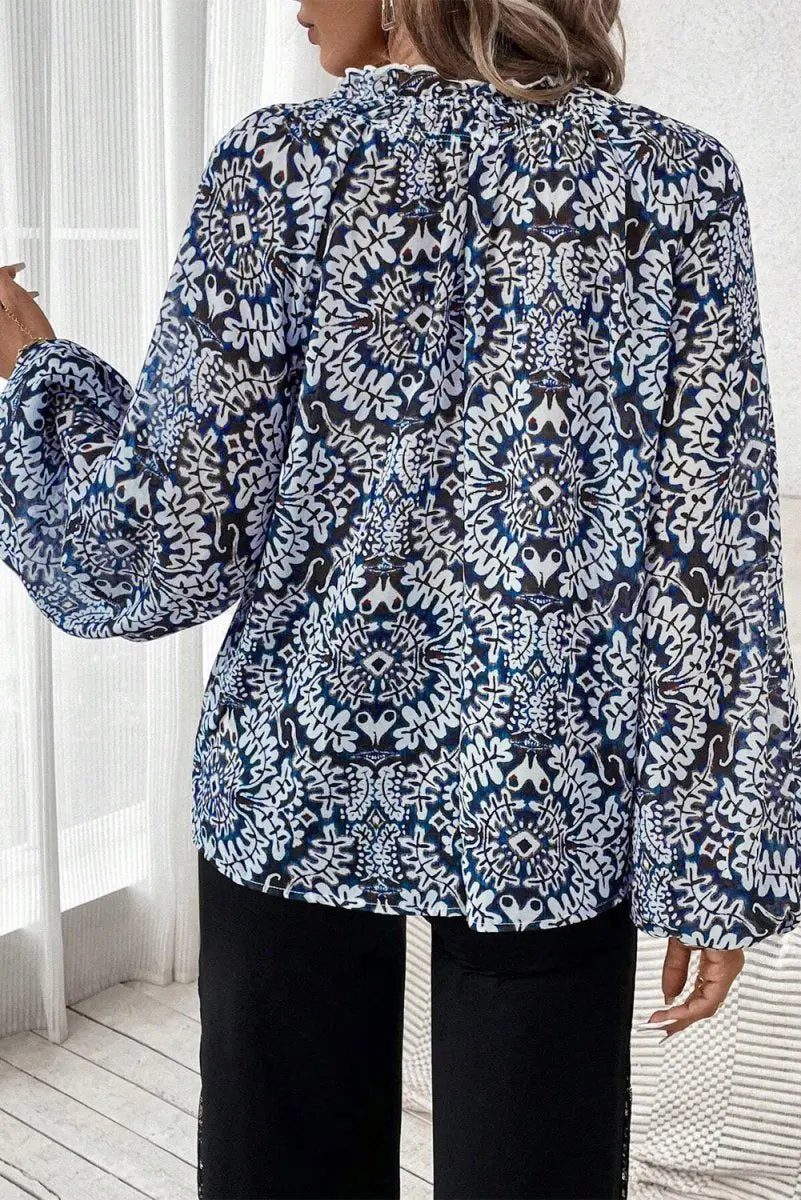 Women's Blouse Women's Blue Print Blouse - Frilled Neck Puff Sleeve Top
