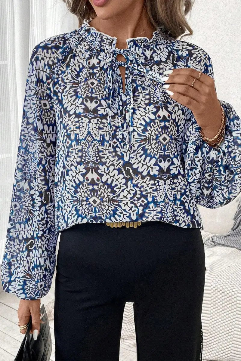 Women's Blouse Women's Blue Print Blouse - Frilled Neck Puff Sleeve Top