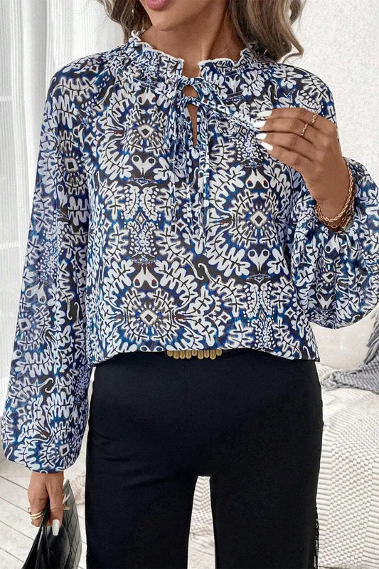 Blusa de mujer Blusa azul estampada para mujer - Top de manga abullonada con cuello con volantes