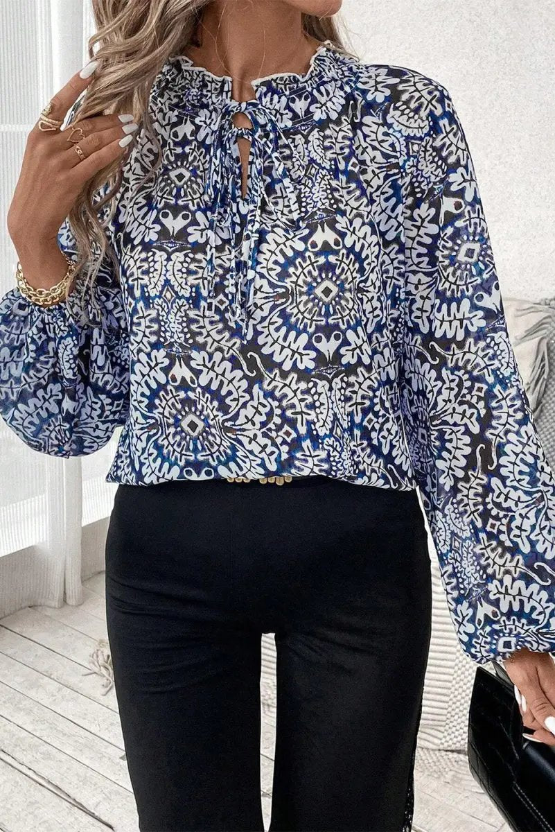 Women's Blouse Women's Blue Print Blouse - Frilled Neck Puff Sleeve Top