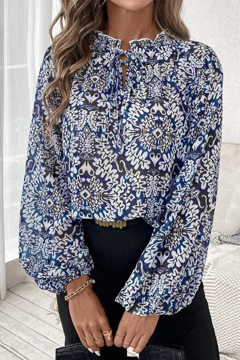 Women's Blouse Women's Blue Print Blouse - Frilled Neck Puff Sleeve Top