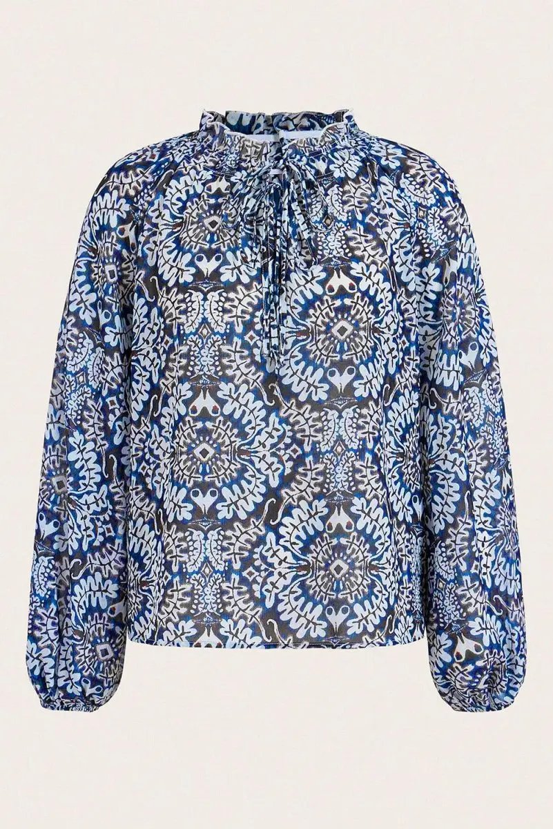 Women's Blouse Women's Blue Print Blouse - Frilled Neck Puff Sleeve Top