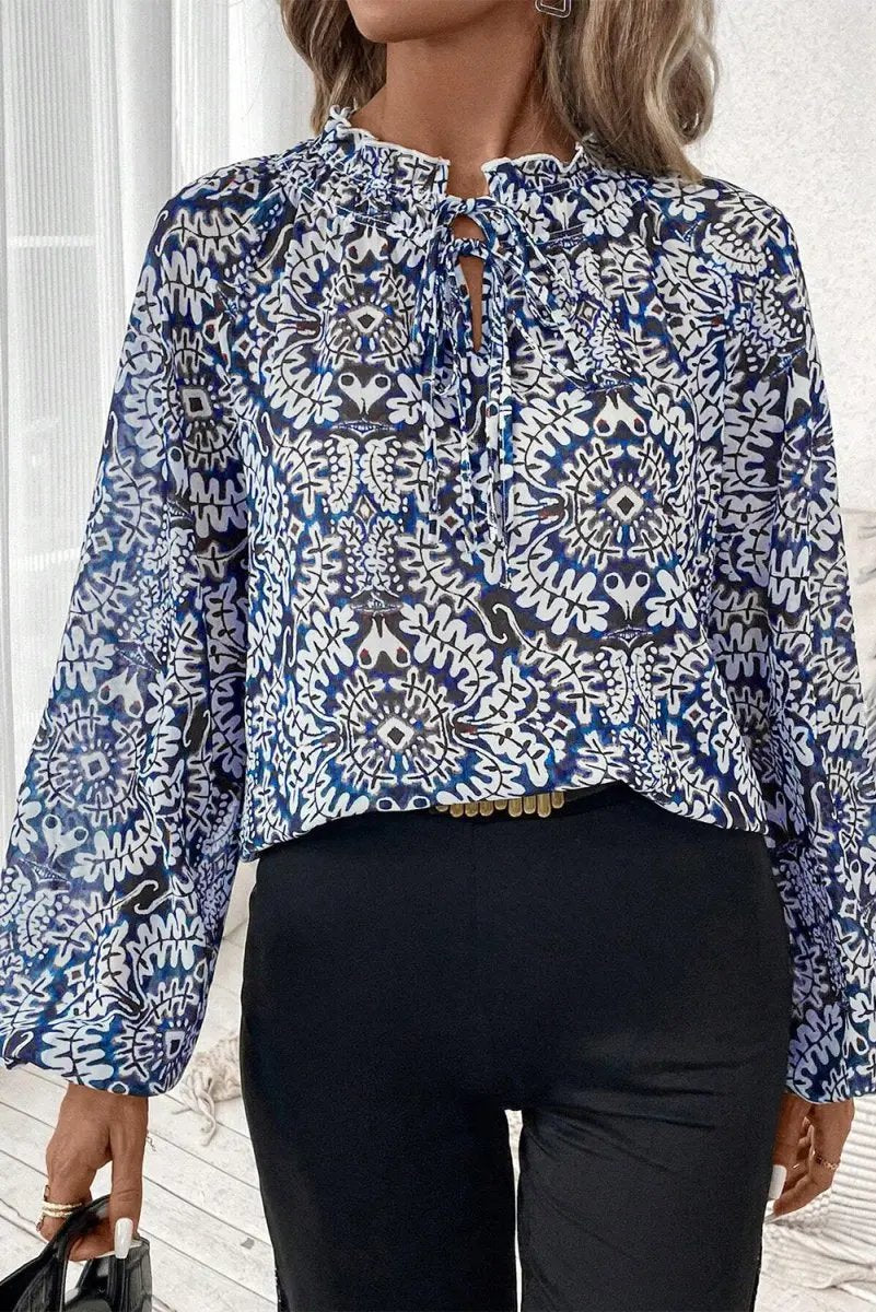 Women's Blouse Women's Blue Print Blouse - Frilled Neck Puff Sleeve Top