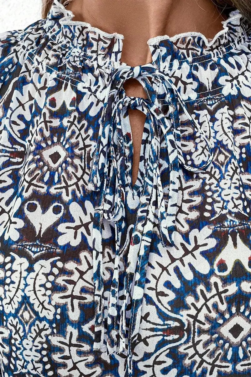Women's Blouse Women's Blue Print Blouse - Frilled Neck Puff Sleeve Top