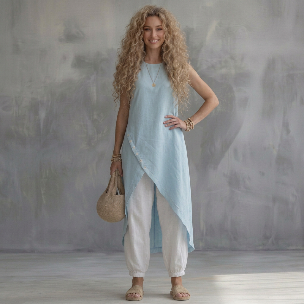 Casual Women Summer 2PCS Matching Set O-Neck Irregular Long Shirt