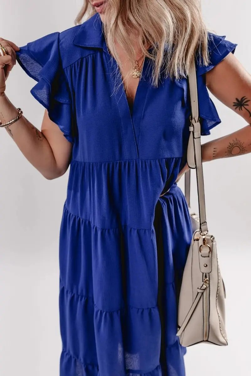 Dresses Love Salve Blue Midi Dress Women's Daily Casual Summer Ruffle Sleeve V Neck