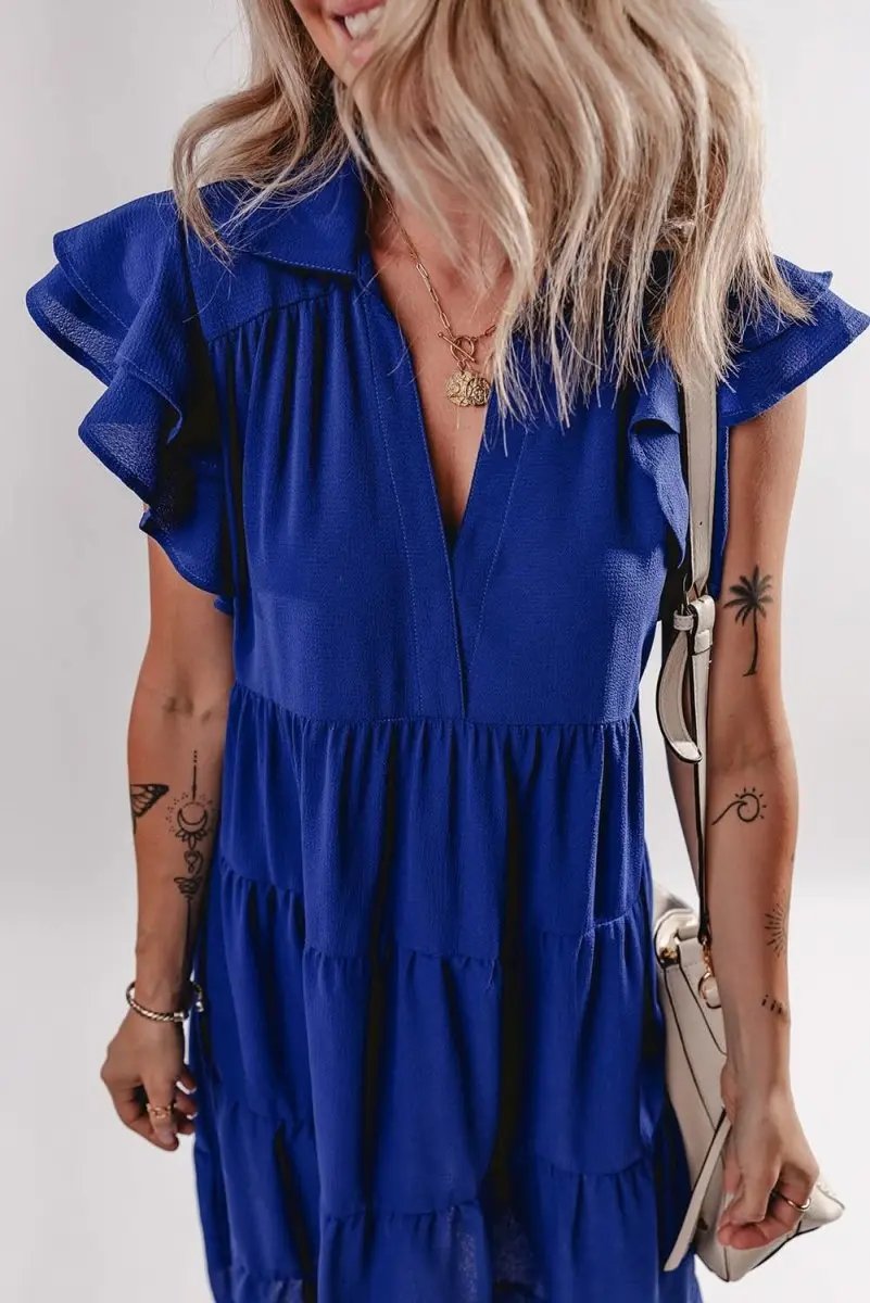 Dresses Love Salve Blue Midi Dress Women's Daily Casual Summer Ruffle Sleeve V Neck