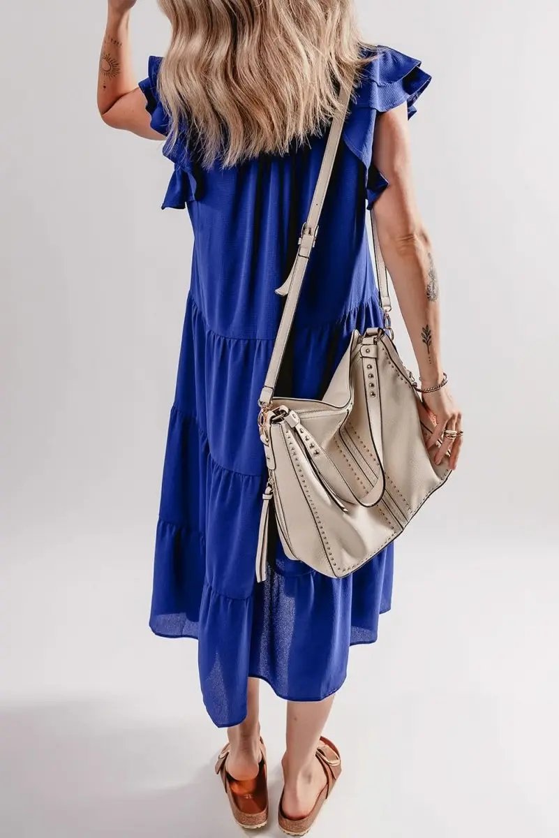 Dresses Love Salve Blue Midi Dress Women's Daily Casual Summer Ruffle Sleeve V Neck