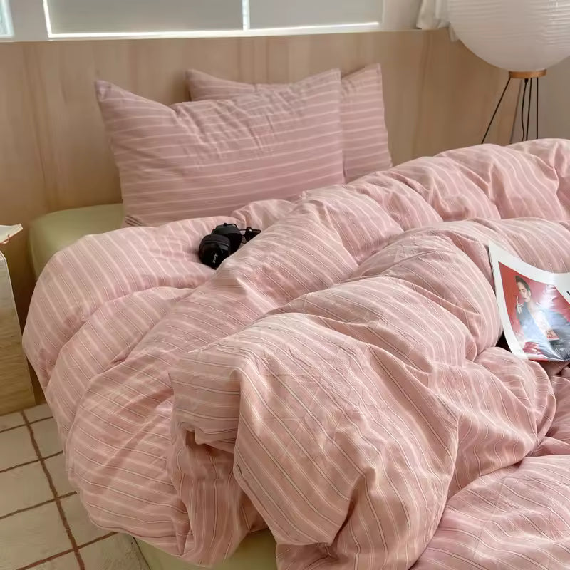 Pastel Pink Striped Cotton Duvet Cover Set