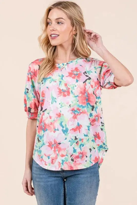 Accessories Trendsi Floral Puff Sleeve Top Women's Casual Cute Shirt Soft Fabric