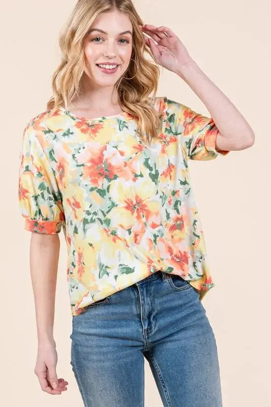 Accessories Trendsi Floral Puff Sleeve Top Women's Casual Cute Shirt Chic Blouse