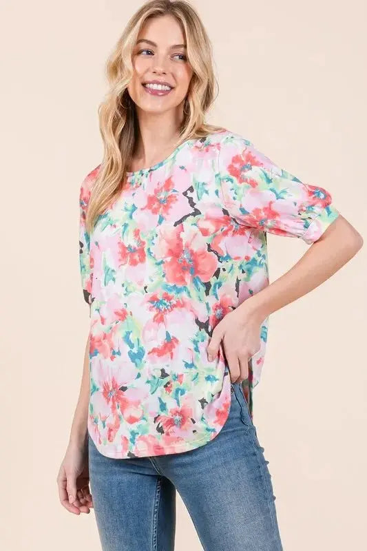 Accessories Trendsi Floral Puff Sleeve Top Women's Casual Cute Shirt Soft Fabric