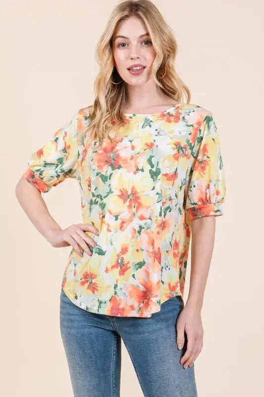 Accessories Trendsi Floral Puff Sleeve Top Women's Casual Cute Shirt Chic Blouse