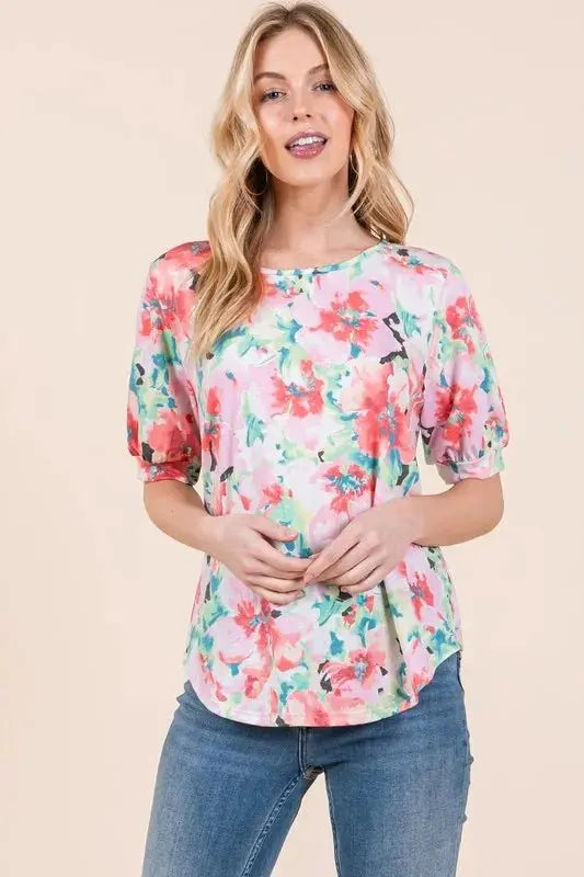 Accessories Trendsi Floral Puff Sleeve Top Women's Casual Cute Shirt Soft Fabric