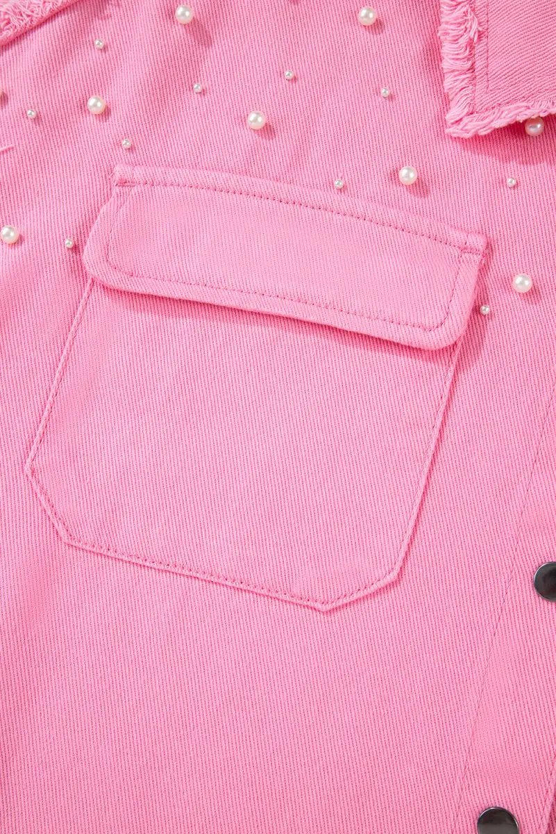 Shirts Love Salve Denim Jacket Women's Casual Wear Pearl Beaded Raw Hem Button Up Top