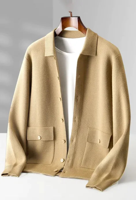Boys Men's Polo Collar Solid Color Wool Cardigan Autumn Winter Retro Pocket Thick Coat - # BOAA13510033