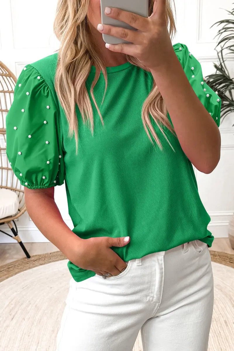 Love Salve Green Ribbed Puff Sleeve Top — Pearl Beaded Daily Wear
