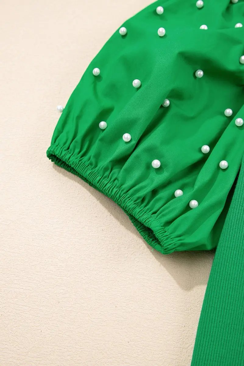 Love Salve Green Ribbed Puff Sleeve Top — Pearl Beaded Daily Wear