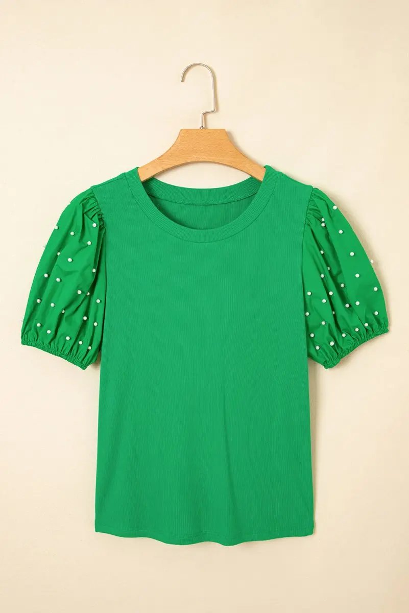 Love Salve Green Ribbed Puff Sleeve Top — Pearl Beaded Daily Wear