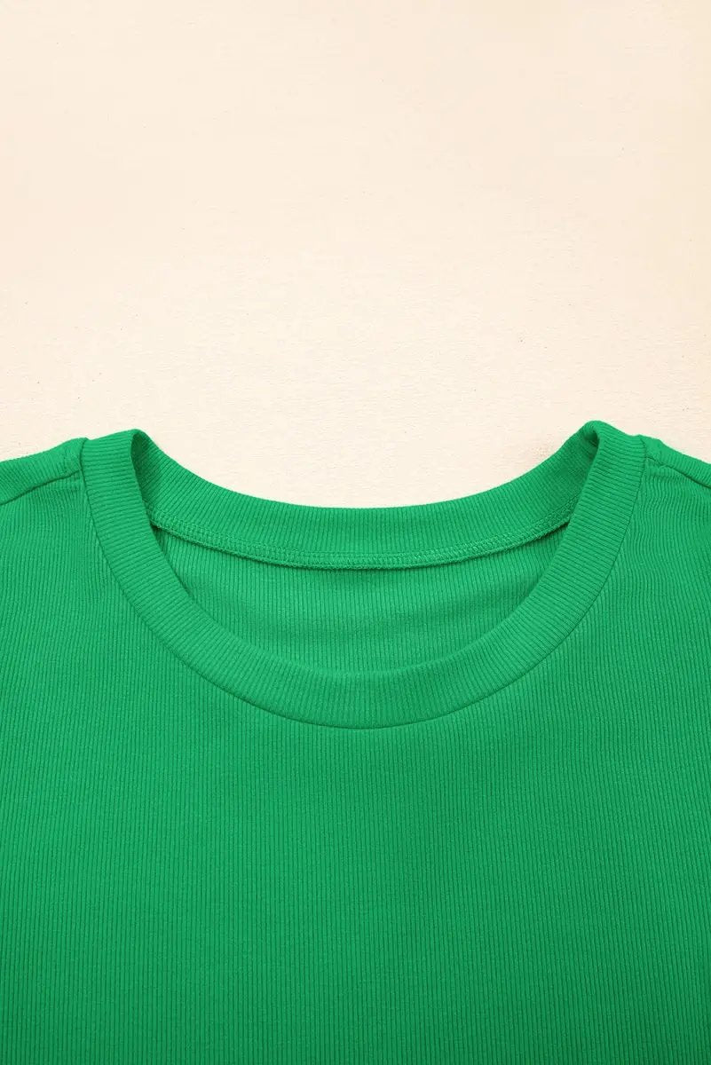 Love Salve Green Ribbed Puff Sleeve Top — Pearl Beaded Daily Wear