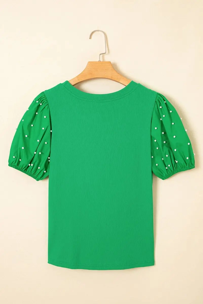 Love Salve Green Ribbed Puff Sleeve Top — Pearl Beaded Daily Wear