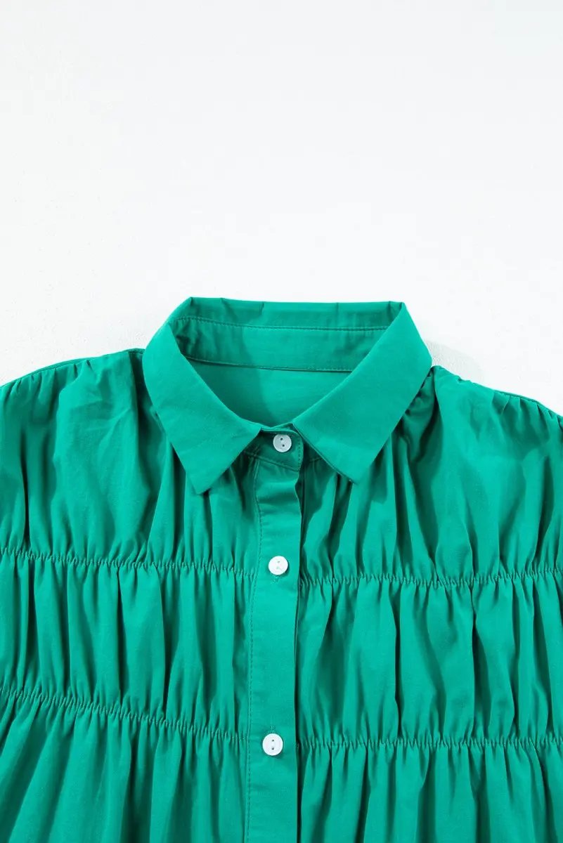 Women's Dress Green Shirred Mini Dress - Ruffle Sleeves & Button Up - Summer