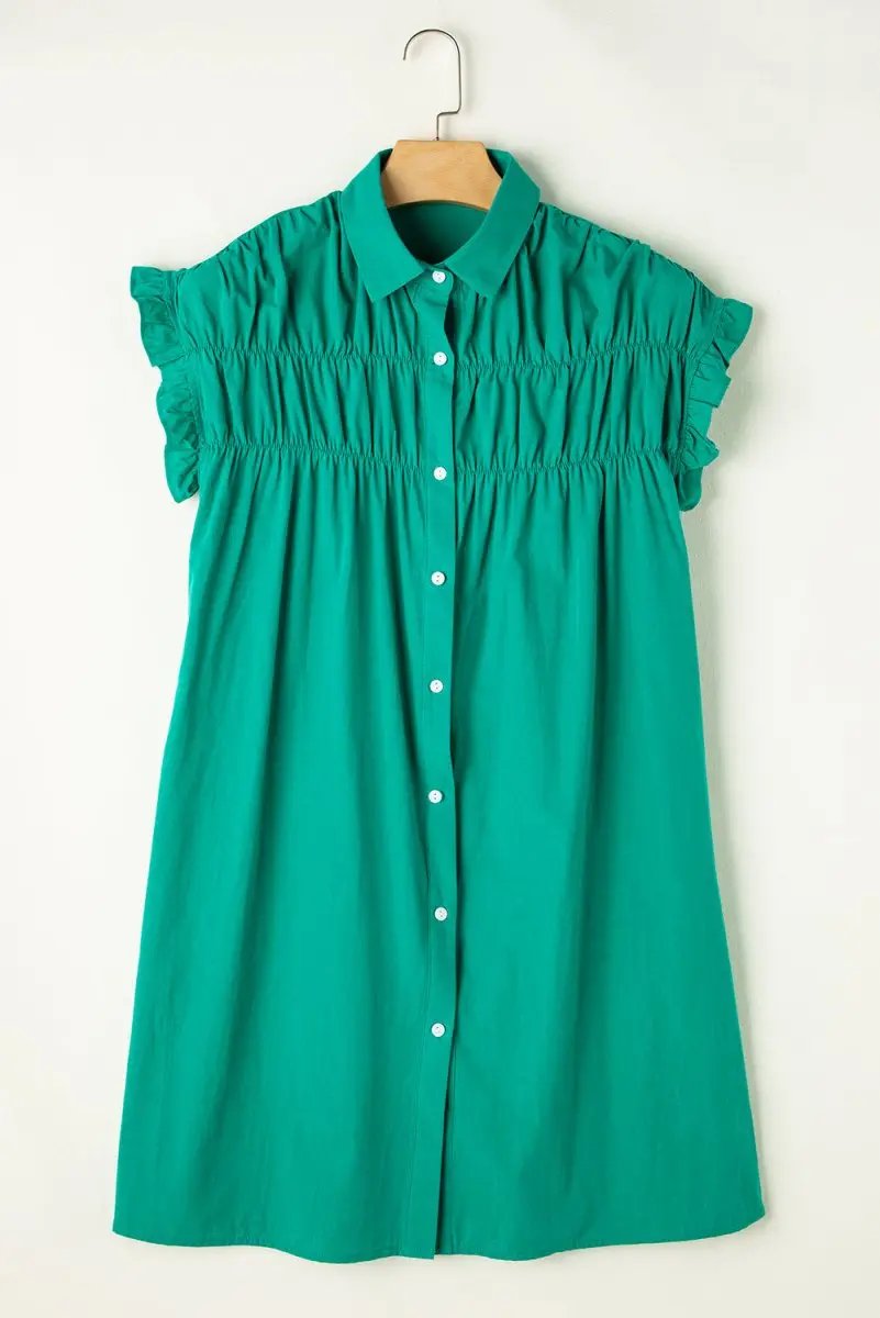 Women's Dress Green Shirred Mini Dress - Ruffle Sleeves & Button Up - Summer