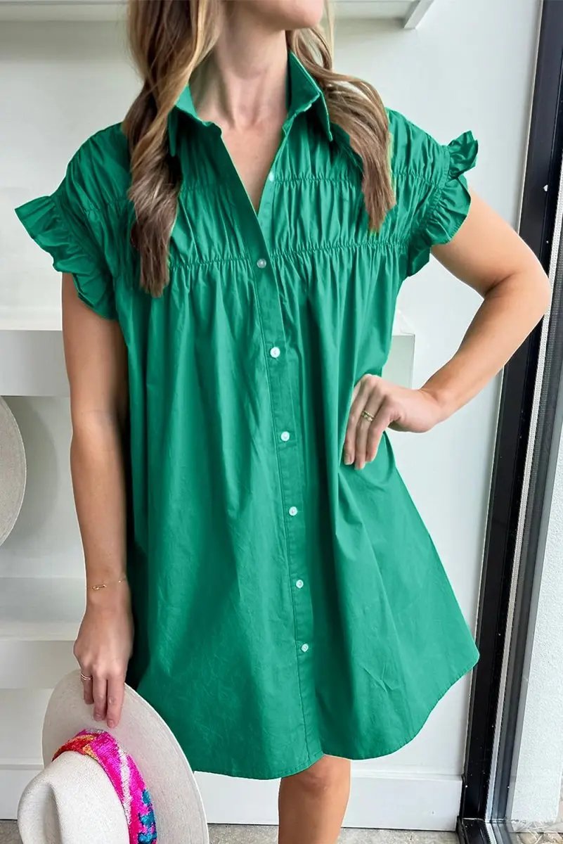 Women's Dress Green Shirred Mini Dress - Ruffle Sleeves & Button Up - Summer