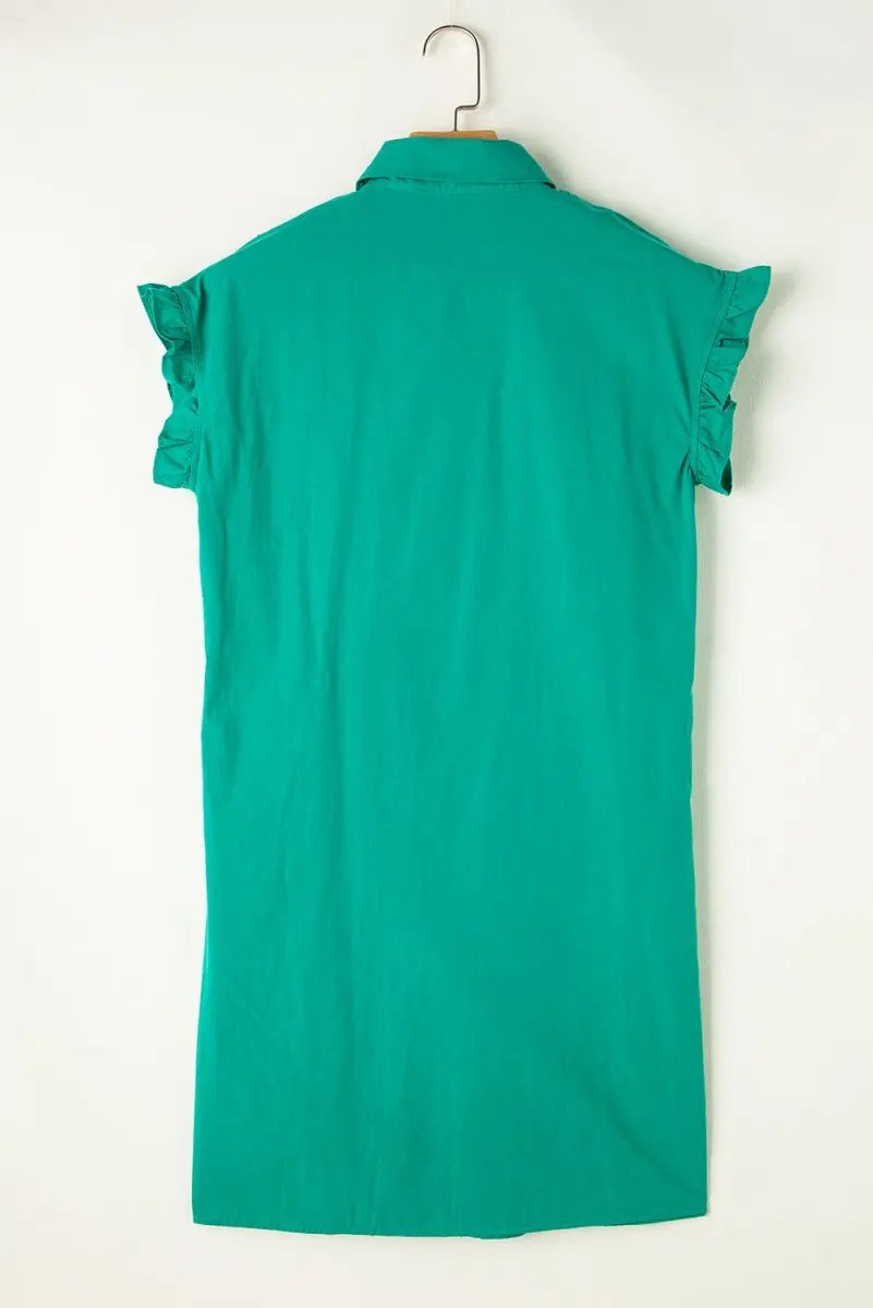 Women's Dress Green Shirred Mini Dress - Ruffle Sleeves & Button Up - Summer