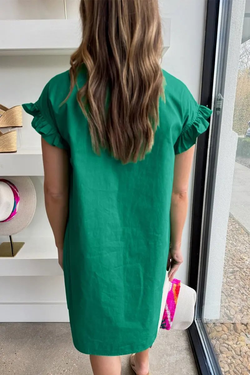 Women's Dress Green Shirred Mini Dress - Ruffle Sleeves & Button Up - Summer