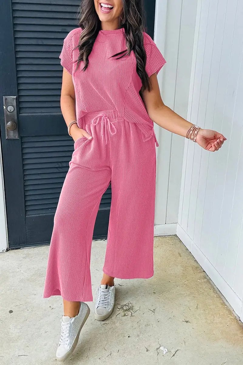 Women's Loungewear Set - Corded Knit - Comfy T-Shirt & Shorts
