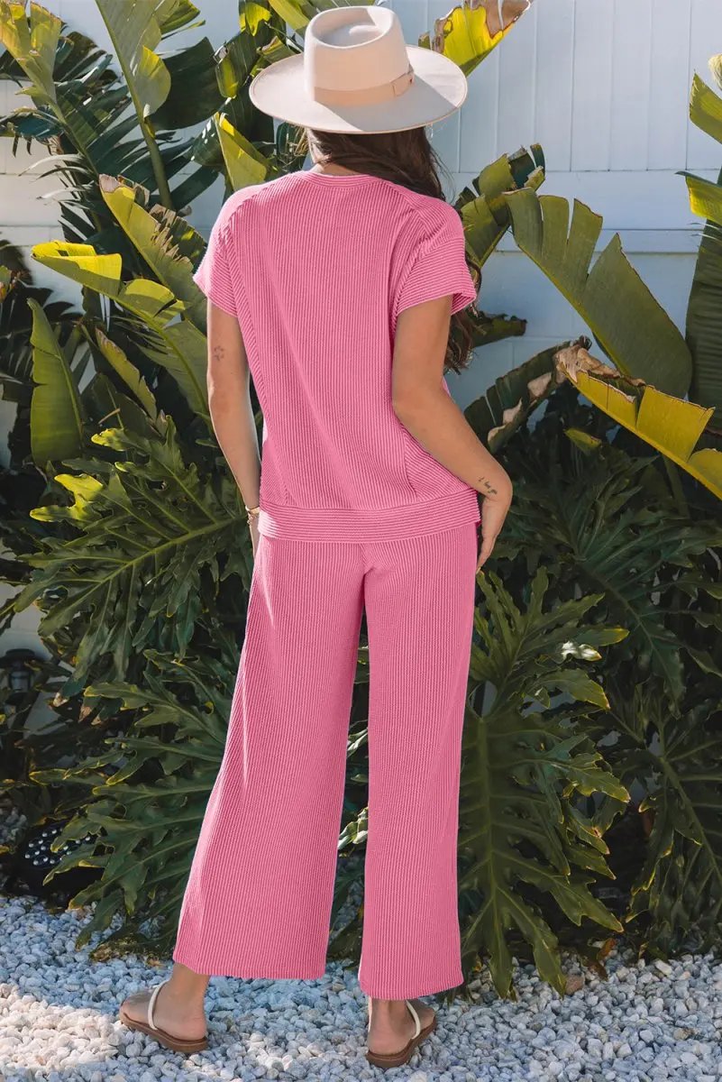Women's Loungewear Set - Corded Knit - Comfy T-Shirt & Shorts