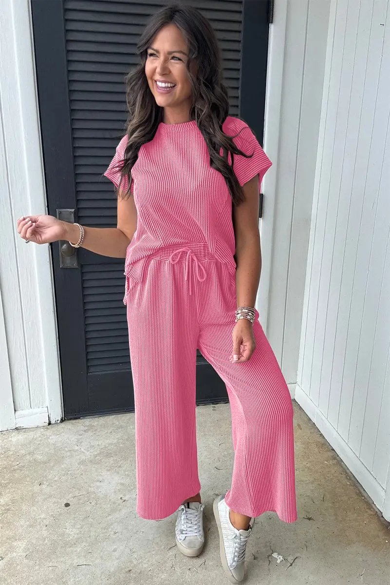 Women's Loungewear Set - Corded Knit - Comfy T-Shirt & Shorts