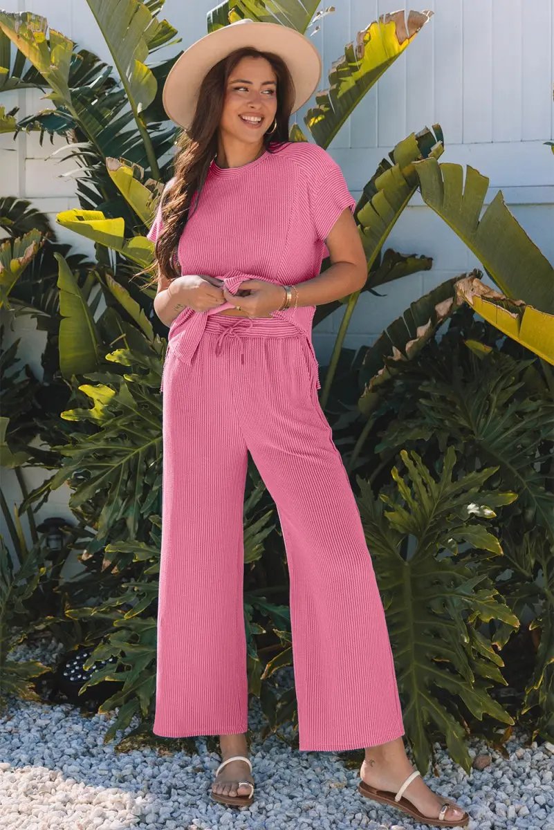 Women's Loungewear Set - Corded Knit - Comfy T-Shirt & Shorts