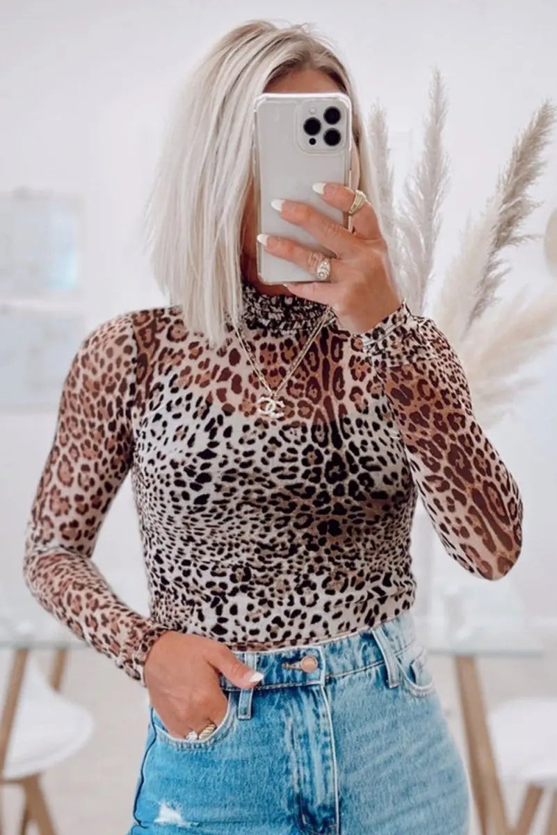 Tops/Bodysuits Love Salve Brown Leopard Mesh Bodysuit Women's Western Style Sheer Spring Top