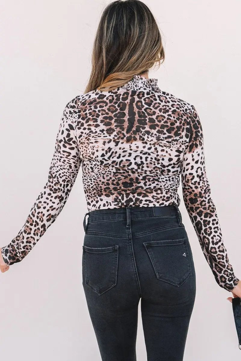 Tops/Bodysuits Love Salve Brown Leopard Mesh Bodysuit Women's Western Style Sheer Spring Top